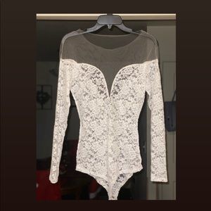 Long Sleeve Deep V Neck Lace Mesh Illusion Bodysuit